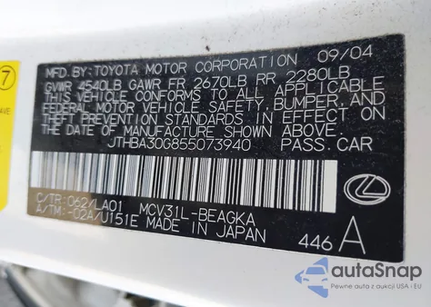 2005 Lexus Es 330 z USA, uszkodzony, nr VIN JTHBA30G855073940